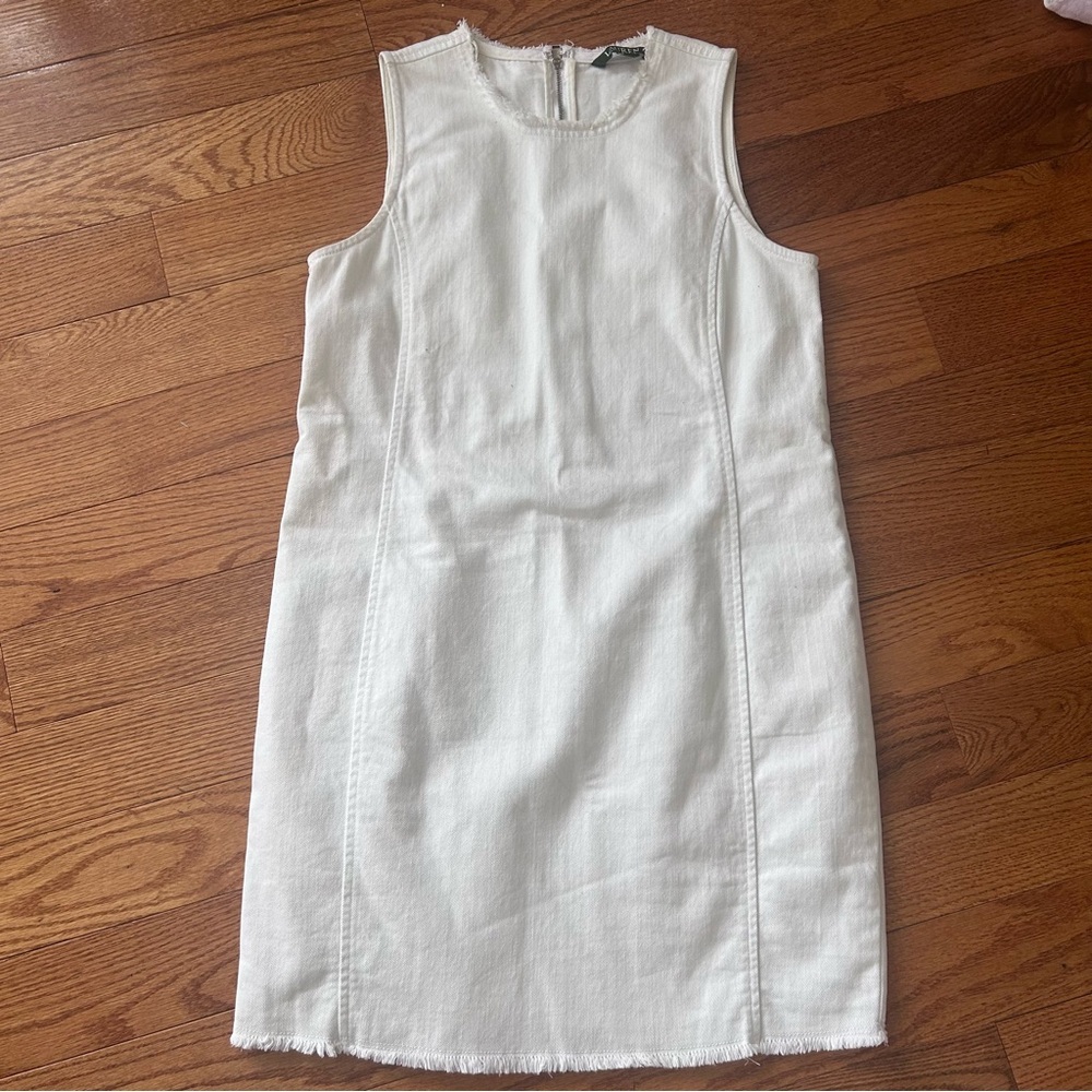 Lauren Ralph Lauren White Sleeveless Sheath Denim Raw Edge Neckline Hem Dress 6P